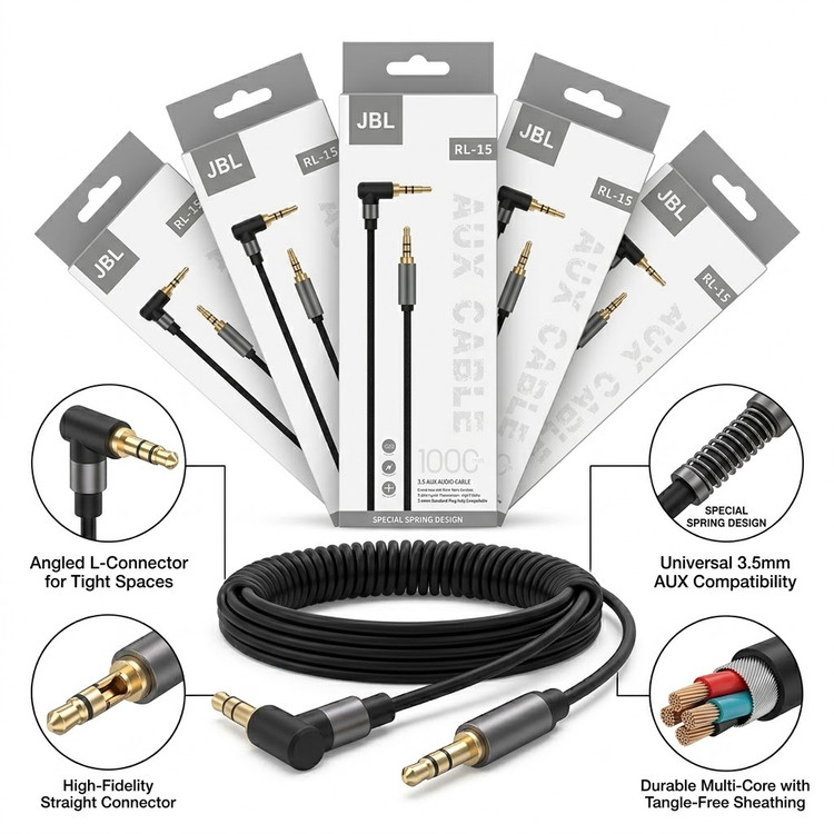 کابل انتقال صدا AUX جیبیال (JBL) مدل RL-15 با سوکت ۹۰ درجه (طول ۱ متر)